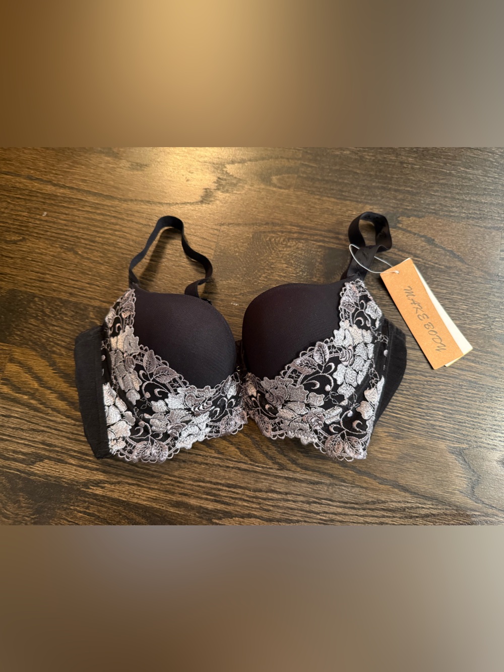 Lace Trim Push-Up Bra - Black & Silver 75c (34c)